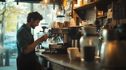 A barista meticulously prepares a fresh espresso in a cozy coffee shop setting, creating a warm and inviting atmosphere. 