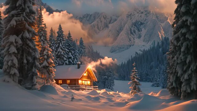 A warm, inviting cabin nestled in a snowy mountain valley at sunset A cozy cabin in the snowy mountains surrounded by towering pine trees