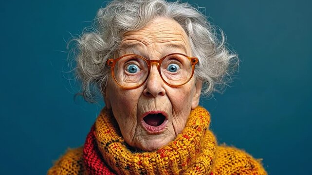 senior woman gasping in horror during a studio portrait