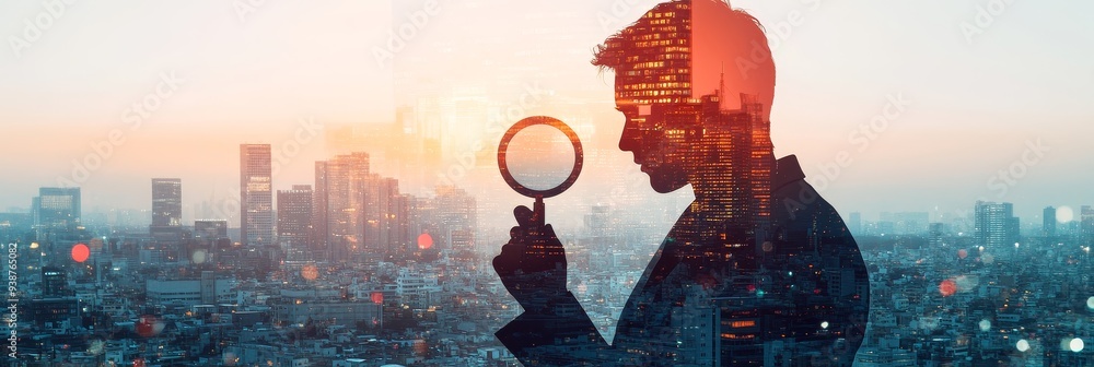 Wall mural A double exposure image showcasing a businessman silhouetted against a cityscape, holding a magnifying glass, symbolizing exploration, opportunity, vision, analysis, and progress.