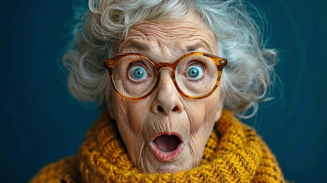 senior woman gasping in horror during a studio portrait