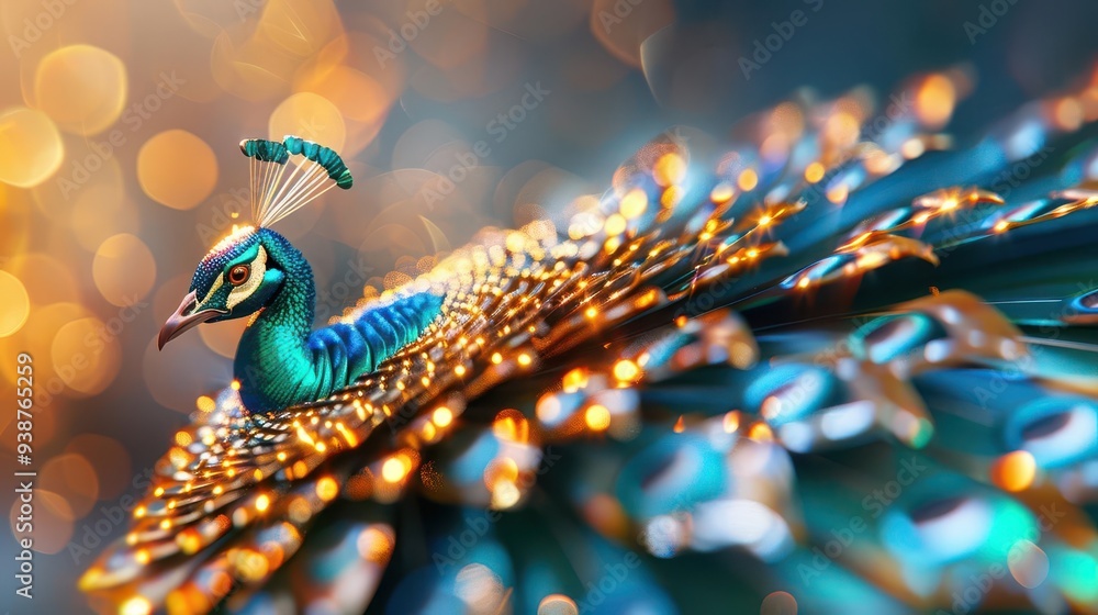 Wall mural close-up of a vibrant peacock with iridescent feathers and bokeh background.