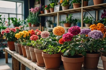 Beautiful colorful flowers and plants in a pots in a Flower shop. 