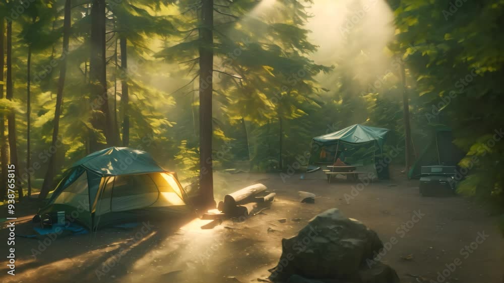 Poster a tranquil campsite nestled in a dense forest with morning sunlight filtering through the trees a co