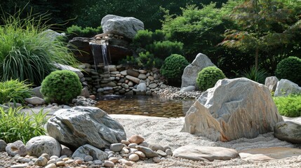 a Zen garden with a peaceful arrangement of large stones and a simple, tranquil water feature.