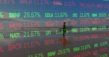 Walking on beach, surfer with animated stock market data overlay - Powered by Adobe