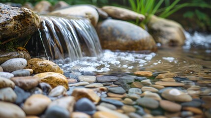 a Zen nature scene featuring a tranquil waterfall cascading over smooth rocks into a clear pool.