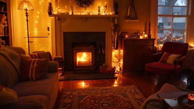 A dimly lit living room with a warm fireplace, glowing candles, and string lights A cozy living room decorated with twinkling lights and a crackling fire