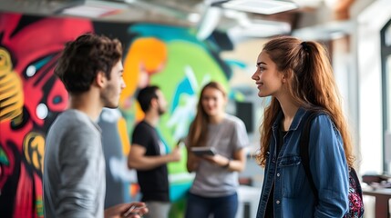 Obraz premium A vibrant and casual setting captures young adults engaging in conversation against a colorful mural backdrop, showcasing collaboration and creativity in a modern workspace environment. 