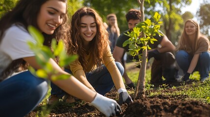A diverse group of young people engages in planting trees, smiling and enjoying their time outdoors, contributing to a sustainable future. 
