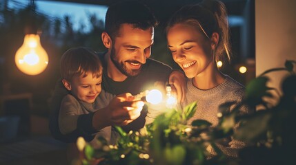 A happy family enjoys quality time together, playing with light bulbs among lush greenery in a cozy, softly lit setting. 