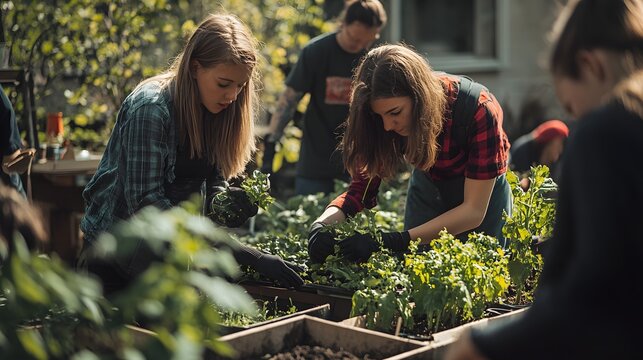 A group of young individuals engaged in sustainable gardening, planting vegetables and herbs in a community garden setting, promoting teamwork and environmental awareness. 