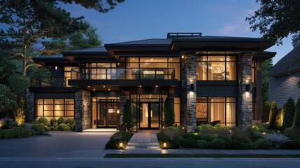 Obraz premium Design an exterior for a luxury home featuring a sleek, dark facade with large, contemporary windows and a beautifully illuminated entryway