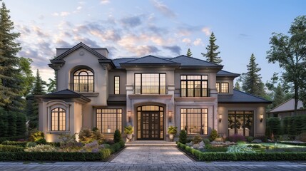 Design an exterior for a luxury home with a stunning entrance, large bay windows, and an elegantly landscaped front yard.