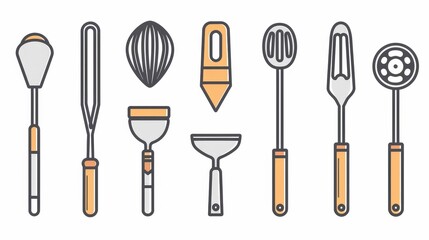 Design an icon featuring a set of kitchen utensils, including a spatula, whisk, and ladle, arranged neatly.