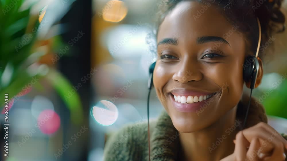Poster smiling customer service representative wearing headset in office setting, a customer service repres