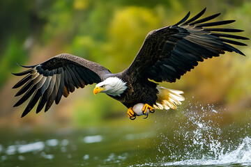 Obraz premium Bald Eagle flying in forest side view front view leadership freedom wildlife.