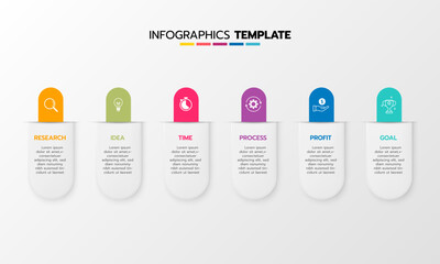 Business infographic template process with simple geometry square, rectangle, circle, triangle, curves in flat design template with thin line icons and 6 options or steps. Vector illustration.
