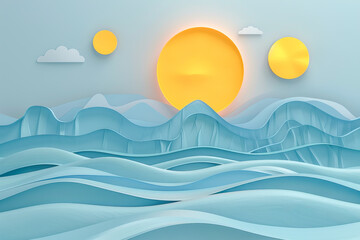 Paper cut landscape with sun shining over hills and abstract paper waves