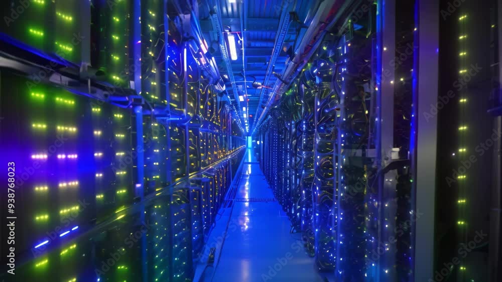 Poster a data center interior with rows of servers lit up in blue light, processing data at night, a data c
