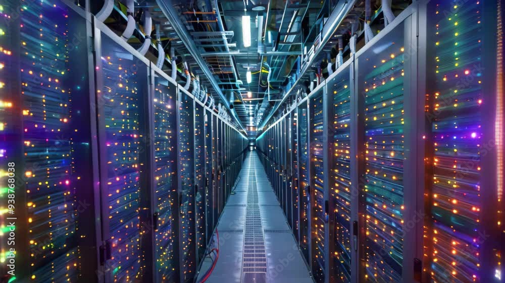 Poster a long hallway lined with rows of powerful servers in a modern data center, a data center filled wit