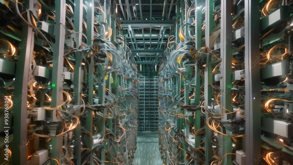 Poster a data center filled with rows of servers, processing and storing data, a data center filled with ro