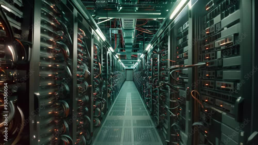 Poster rows of servers processing data in a modern data center, a data center filled with rows of servers p