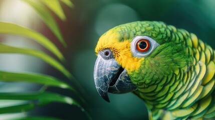 Obraz premium Close-up portrait of a green and yellow parrot with a red eye in a tropical setting.