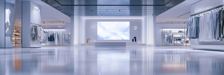 A minimalist retail store interior featuring a large digital display screen, clean white walls, and a polished concrete floor. The space exudes a sense of sophistication and modernity, making it an id