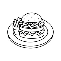 Line art vector of a classic American hamburger with fries on a stylish plate at a restaurant.