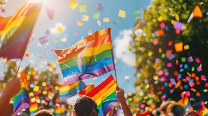 Obraz premium Pride parade with colorful flags and banners celebrating diversity. 
