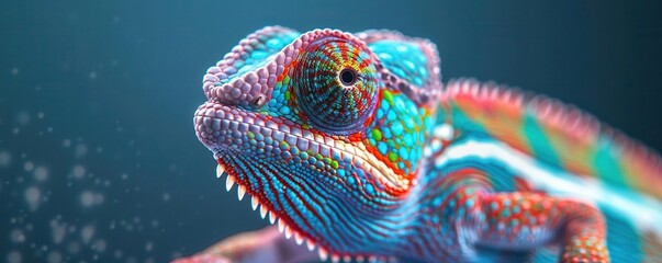 Close-up of a chameleon's eye with vibrant blue and green scales.