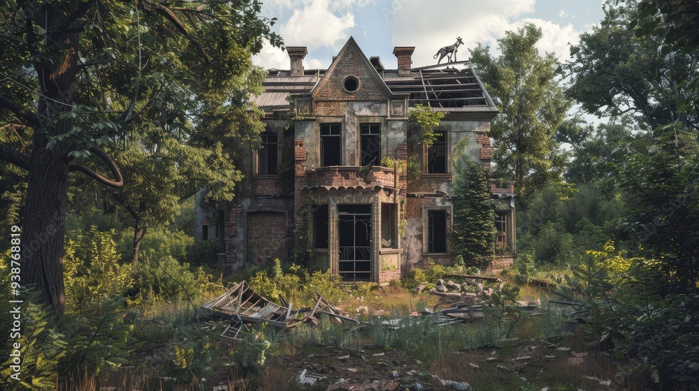Poster an image showing a house in ruin with broken windows and a crumbling facade