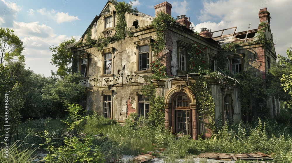 Poster an image showing a house in ruin with broken windows and a crumbling facade