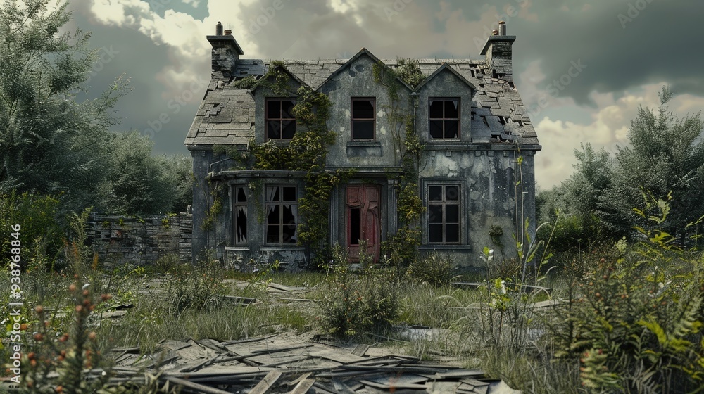 Poster an image showing a house in ruin with broken windows and a crumbling facade
