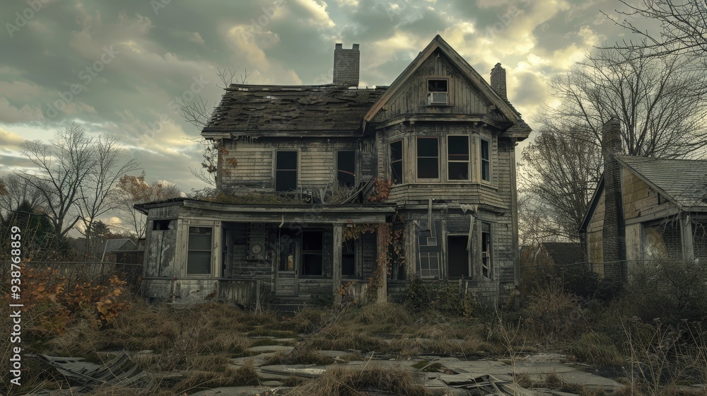 Poster an image showing a house in ruin with broken windows and a crumbling facade