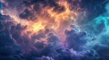 an intense scene of dark clouds rolling across the sky, with flashes of lightning illuminating the ominous weather patterns