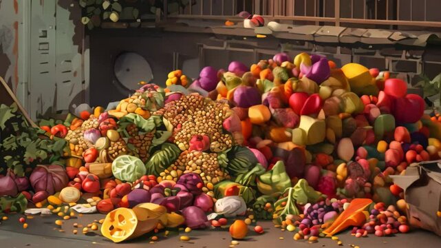 A digital video showing a large amount of food waste spilling from two overflowing dumpsters onto a city street, A digital artwork showcasing a pile of wasted food being swept into a dumpster