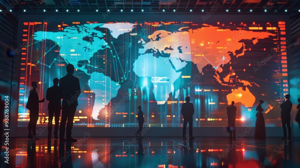 Poster an international business background with a world map and financial charts projected on a large scre