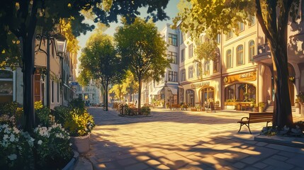 A picturesque town square bathed in warm golden light, showcasing charming buildings, lush greenery, and a peaceful atmosphere.  The scene evokes feelings of tranquility, community, and the beauty of 