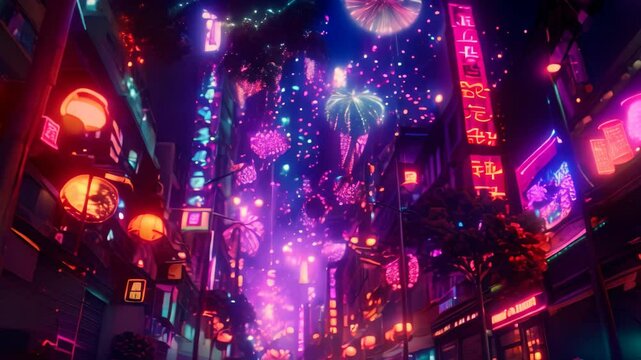 A nighttime cityscape filled with virtual fireworks, creating a dazzling digital spectacle, A digital landscape filled with virtual fireworks and neon signs
