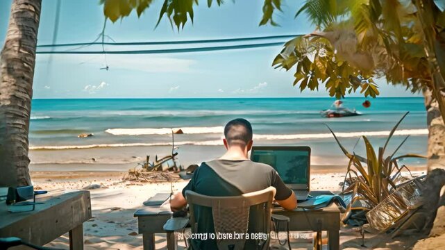 A digital nomad works on their laptop under the shade of a tropical tree, facing a beautiful beach scene, A digital nomad working from a beachside location with a laptop