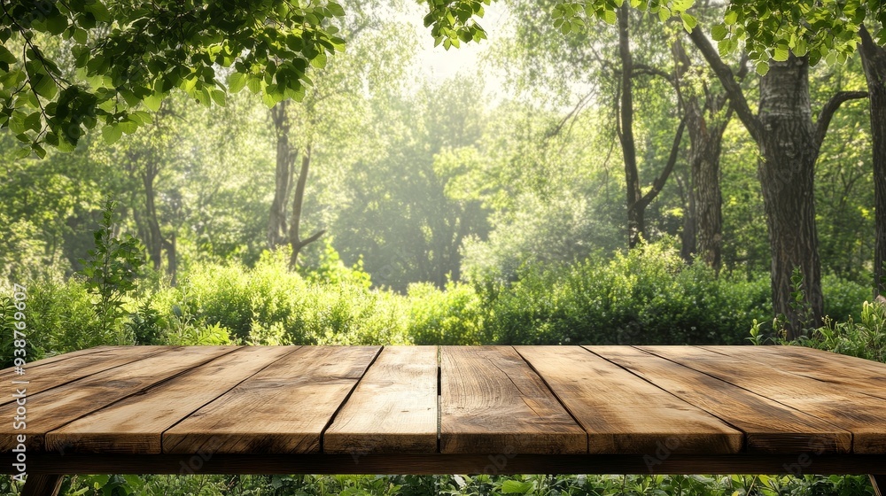 Wall mural A rustic wooden table sits in the foreground, showcasing its natural grain and texture. The background features a serene forest, bursting with vibrant greenery and dappled sunlight. The scene embodies