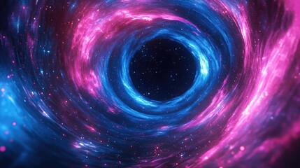 3D render of a cosmic background with swirling pink and blue neon lines, forming a vortex around a black hole, with glowing stars.