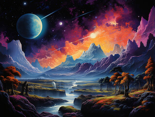 Obraz premium Excellent A planet looms large in the sky over a mountainous landscape with a lake in the foreground