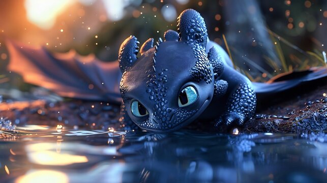 A Night Fury Dragon Gazing at the Water's Edge