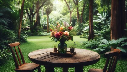 Obraz premium wooden table in garden