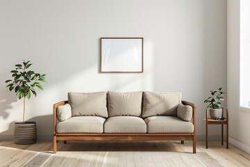 Design a blank wall photo frame mockup in a modern living room, sofa Scandinavian