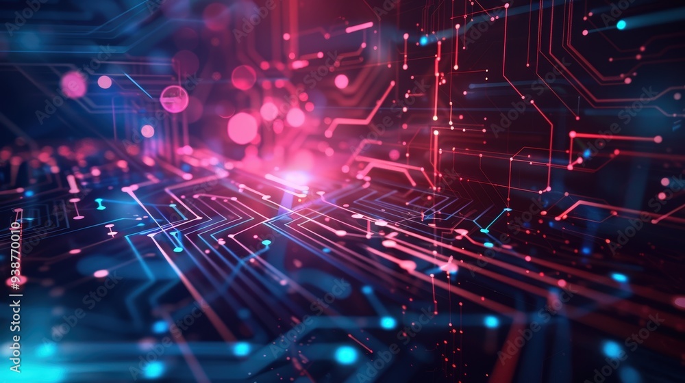Poster digital and abstract design with glowing lines and circuits.