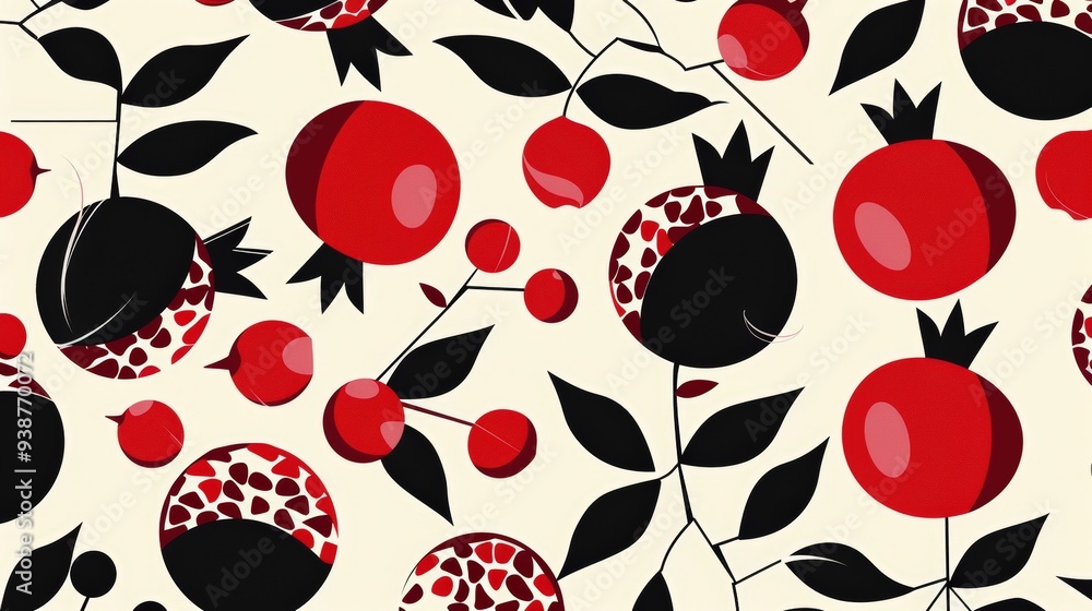 Poster modern pomegranate pattern with geometric shapes and abstract representations of pomegranates